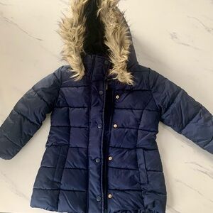 H&M Navy Blue Puffer Coat with Faux Fur Hood
